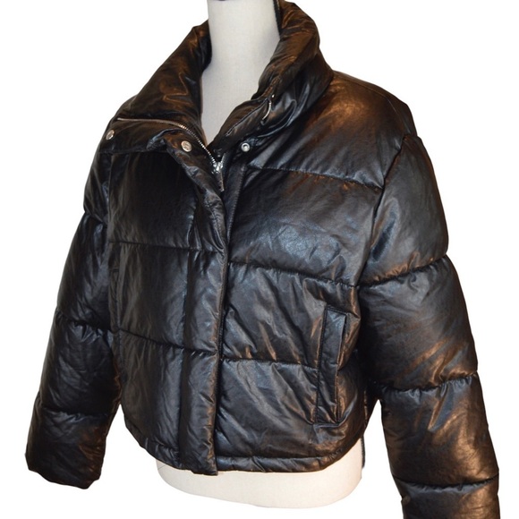 LA Coalition Vegan Leather Look Black Cropped Puffer Jacket, Large - Picture 2 of 14